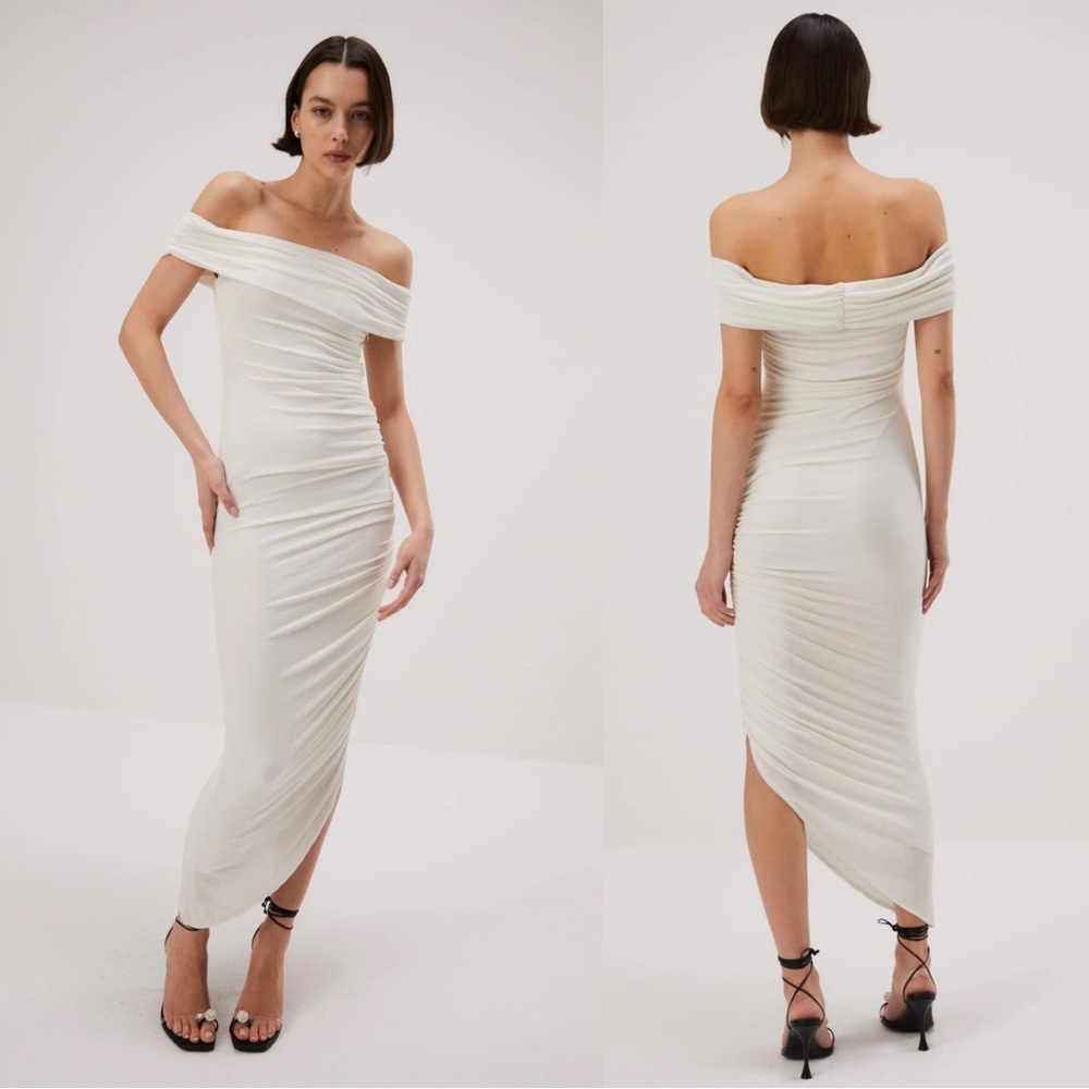 NWT | Misha Keoni Ruched Midi Dress Medium White Bridal